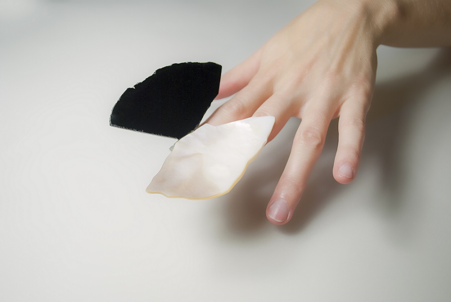 Maarja Niinemägi, pross „Evi”, materjalid: ahhaat, merekarp, hõbe. Foto: Tiina Niinemägi