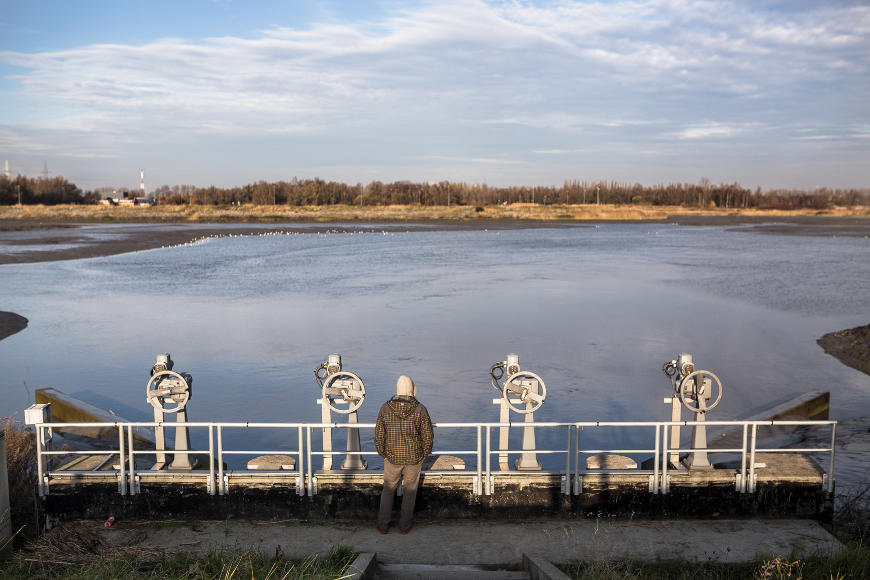 Mihkel Pukk vaatamas vee kõrvalejuhtimiseks ehitatud poldrit Antwerpenis. Foto: Renee Altrov