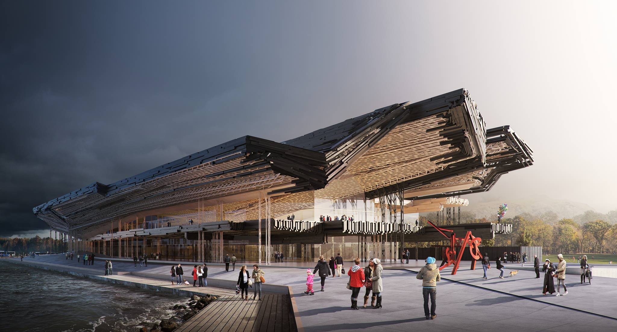 Guggenheim Helsinki võistlustöö. Lagede konstruktsioon koosneb taaskasutatud prussidest. Sellise konstruktsiooni saab välja arvutada ainult lõplike elementide meetodiga ja seda ehitada vaid robotitega. Kavand: Gilles Retsin