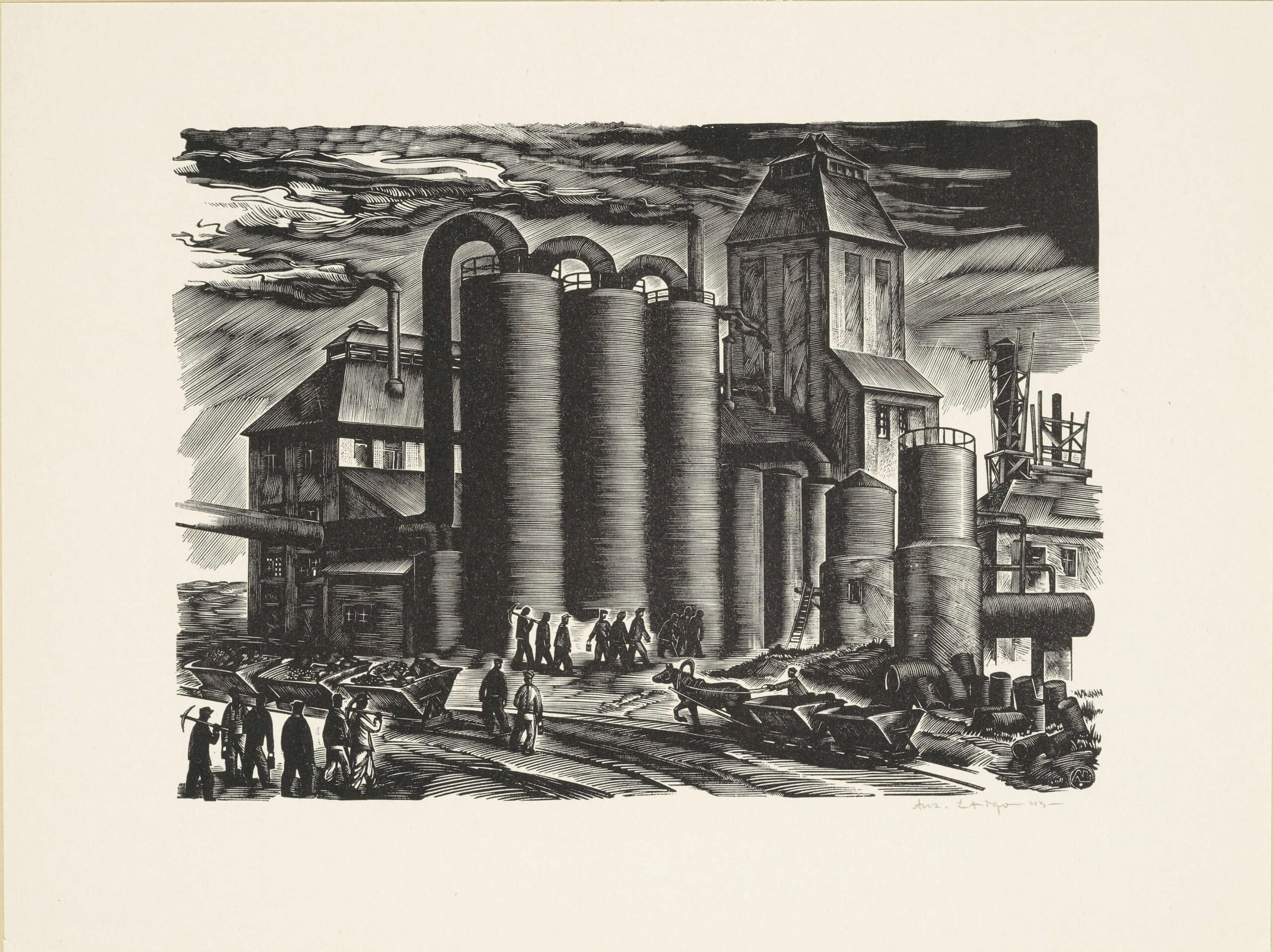 Arkadio Laigo puugravüür „Tööleminek kaevandusse", leht mapist „Põlevkivitööstus", 1944, Eesti Kunstimuuseumi graafikakogu