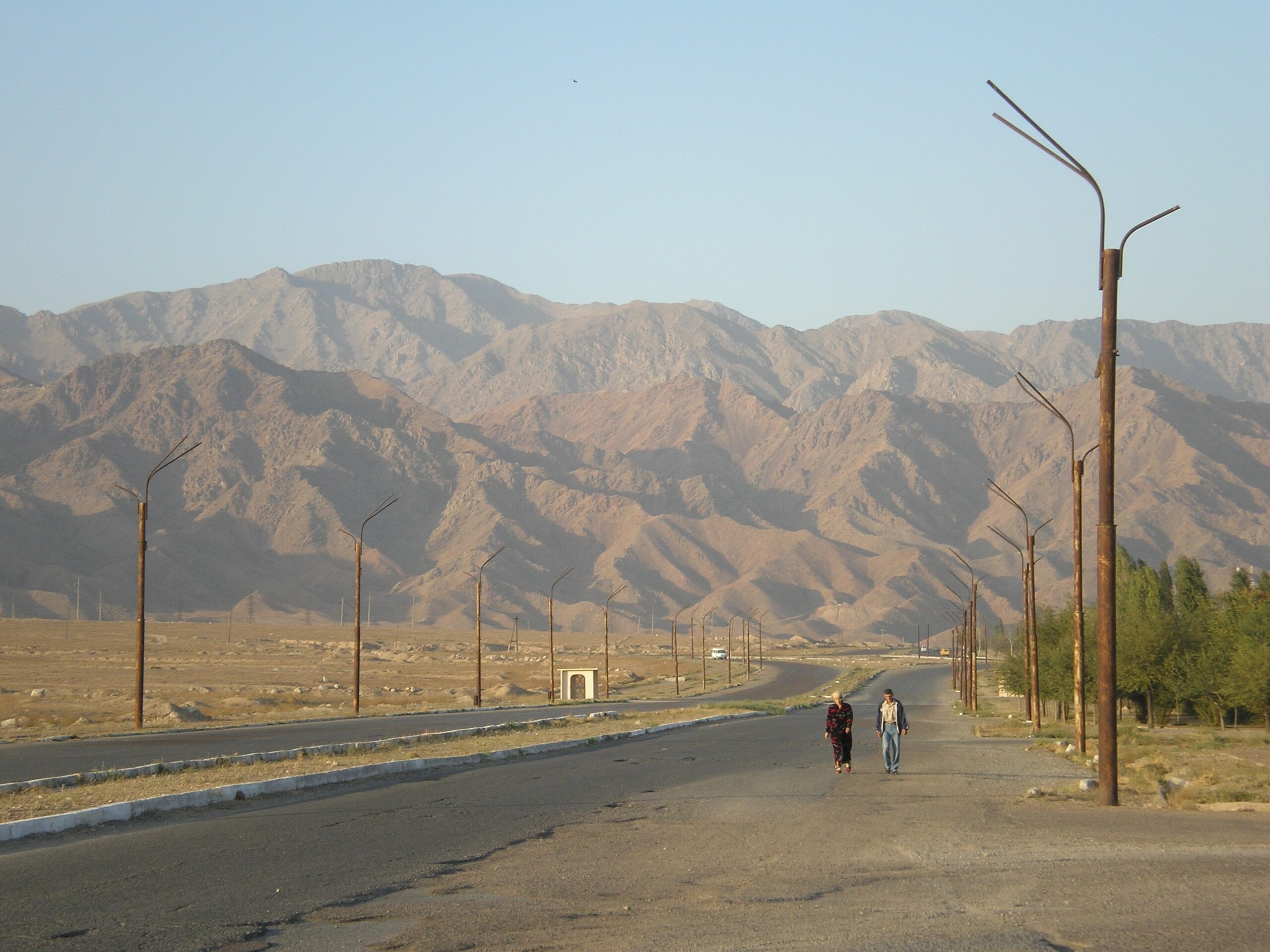 Lõpetamata taristuobjekti jäänukid: trollibussiide postid Khujandi servas, Põhja-Tadžikistanis. Foto: Wladimir Sgibnev