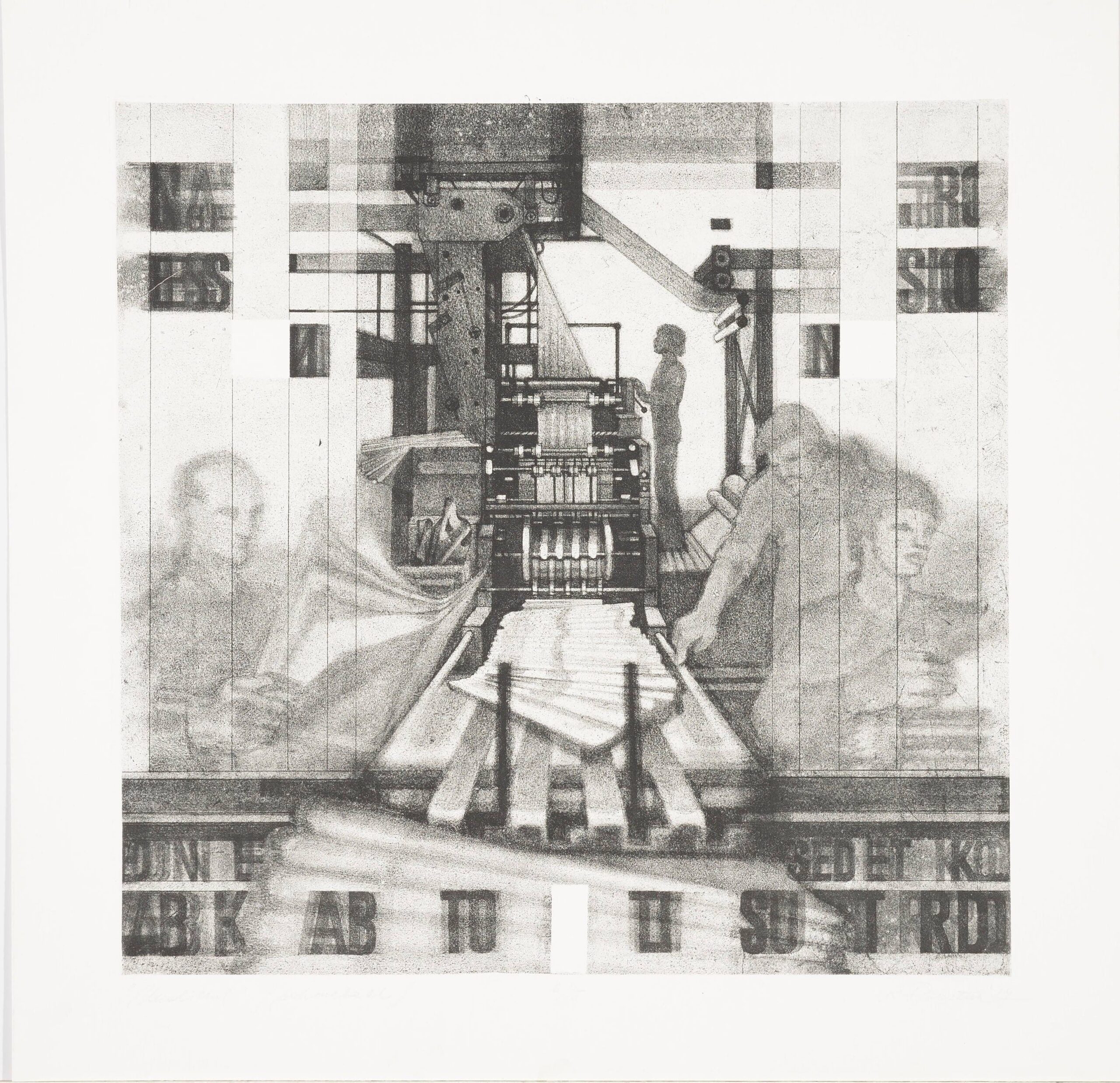 Kaisa Puustaki graafiline teos „Uudised”, pehmelakk, 1977, Eesti Kunstimuuseumi graafikakogu