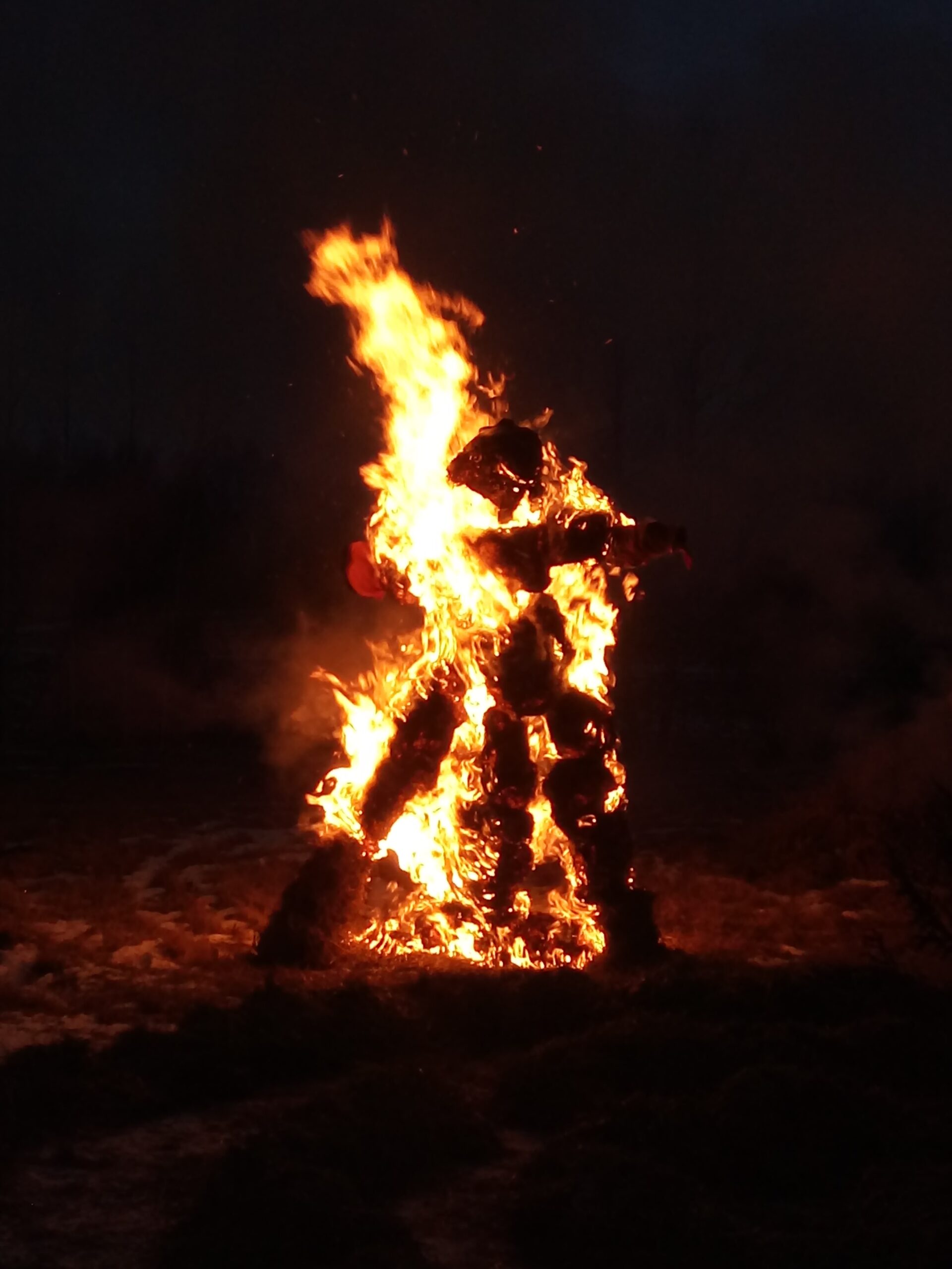 Õlenuku põletamine Juula külas 2017. aasta küünlapäevapidustustel. Paljudes maailma traditsioonides on kuulunud eri tähendusega ajalõikude vaheldumise juurde suurte tulede tegemine ning halva ja pimeduse sümboolne väljaajamine rituaalsete nukkude põletamisega. Foto: Reet Hiiemäe