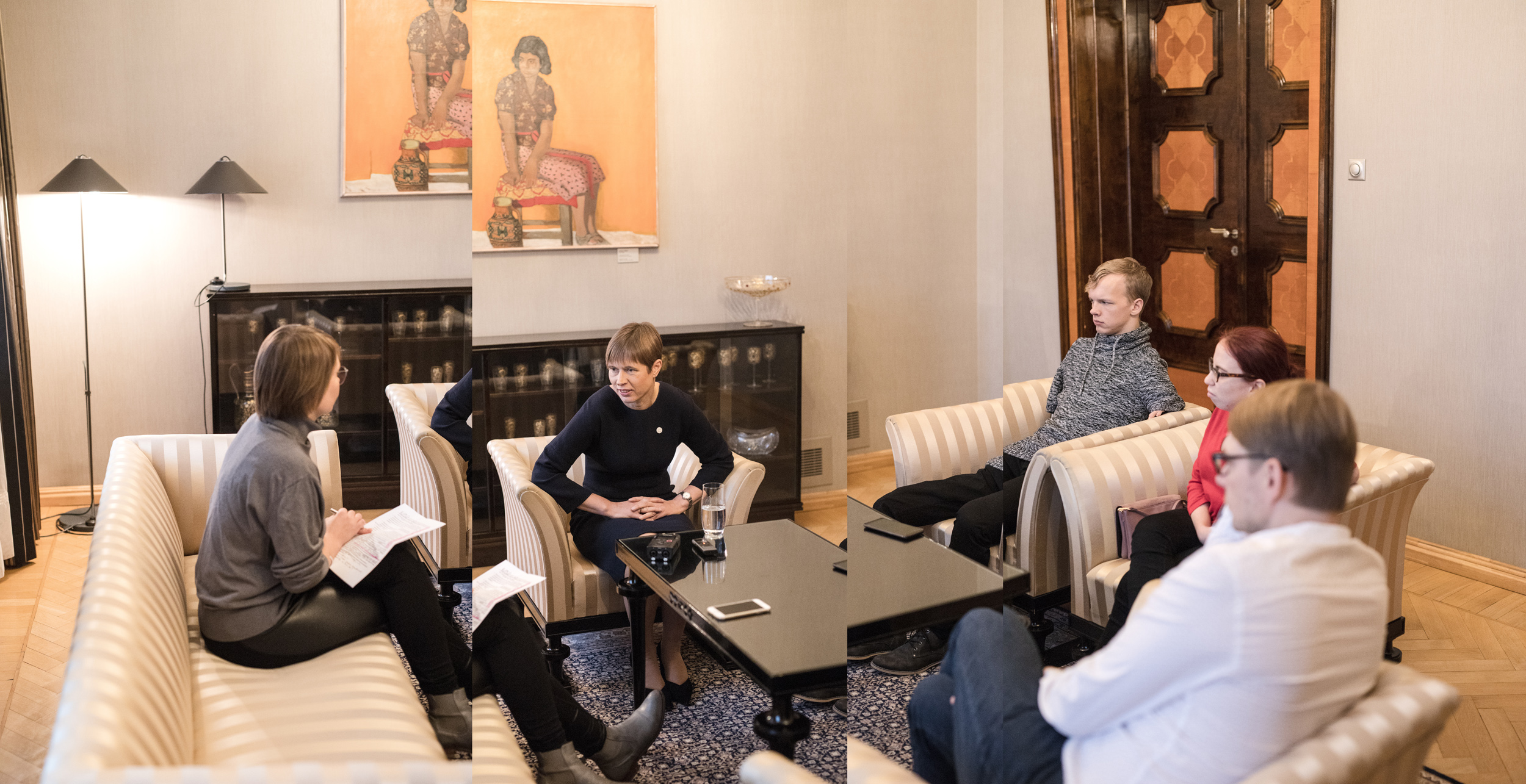 Vasakult Müürilehe peatoimetaja Helen Tammemäe, president Kersti Kaljulaid, presidendi töövarjud Matz Topkin ja Brenda Tilk ning presidendi avalike suhete nõunik Taavi Linnamäe. Foto: Renee Altrov