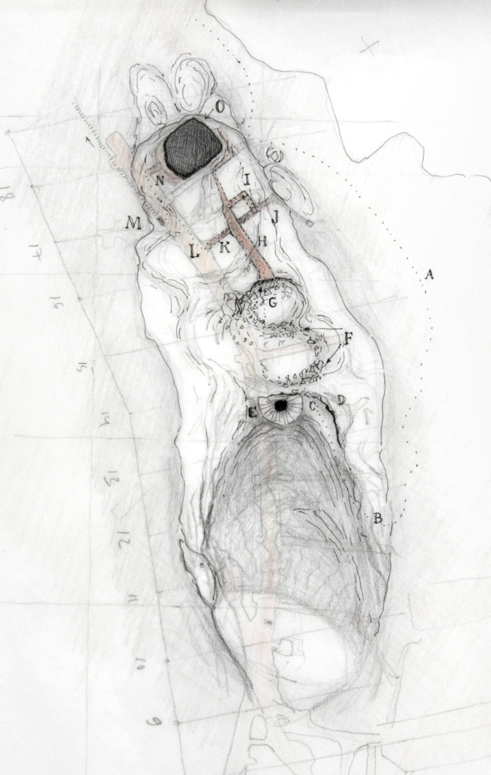 Jussi Kivi „Topograafiline uurimus nimetust kohast maa-aluste täiendustega”, tint, pliiats, vesivärv, 2015