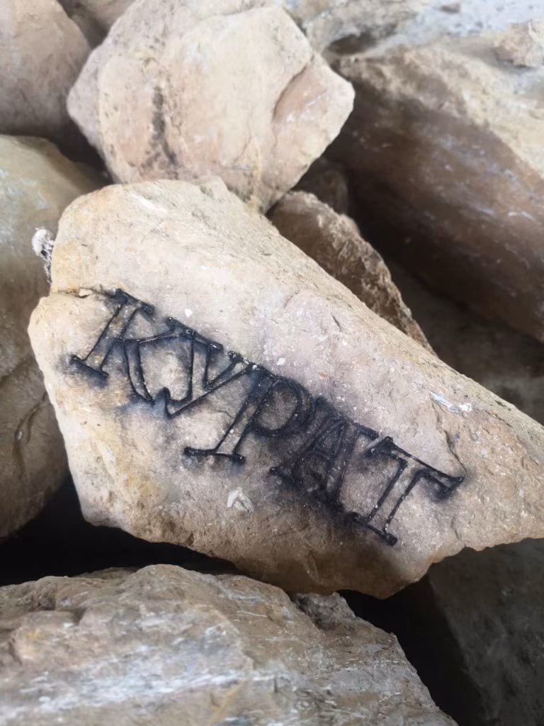 Osa Darja Popolitova installatsioonist &bdquo;Эстима кодума&rdquo;, milles kunstnik on muu hulgas p&otilde;letanud p&otilde;levkivit&uuml;kkidesse segakeelseid s&otilde;nu. Foto: Aleksander Tsapov